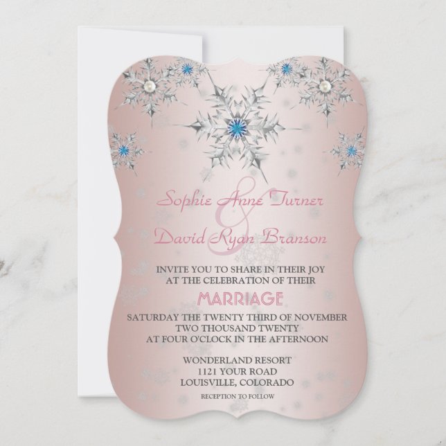 Silver Snowflakes Crystals Blue Pearl Pink Wedding Invitation (Front)