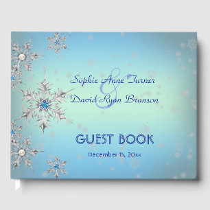 Silver Snowflakes Crystals Blue Pearls Wedding Guest Book