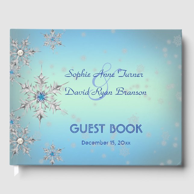 Silver Snowflakes Crystals Blue Pearls Wedding Guest Book (Front)