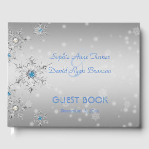 Silver Snowflakes Crystals Blue Pearls Wedding Guest Book