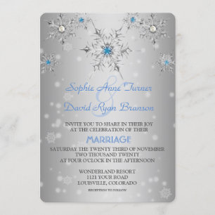 Silver Snowflakes Crystals Blue Pearls Wedding Invitation