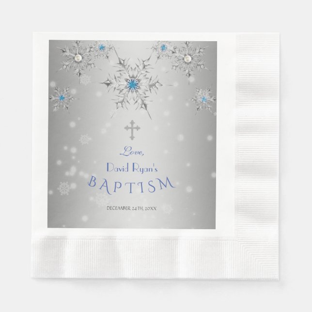 Silver Snowflakes Crystals Pearls Grey Boy Baptism Napkin (Front)