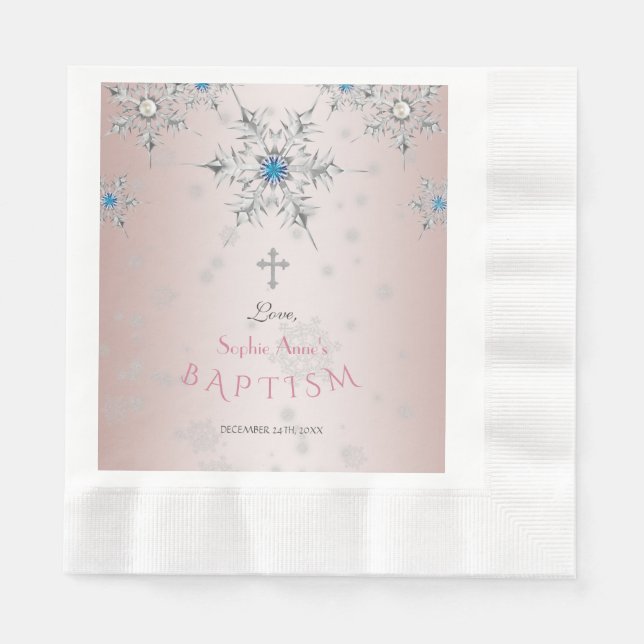 Silver Snowflakes Crystals Pink Pearls Baptism Napkin (Front)