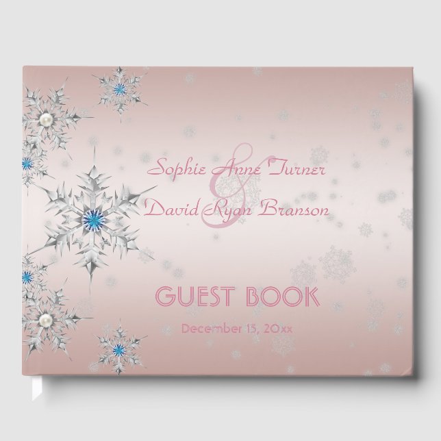 Silver Snowflakes Crystals Pink Pearls Wedding Guest Book (Front)