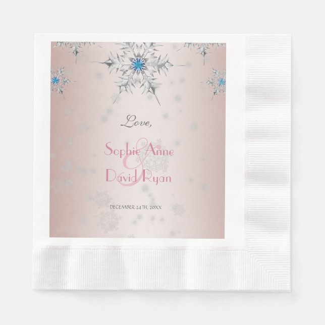 Silver Snowflakes Crystals Pink Pearls Wedding Napkin (Front)
