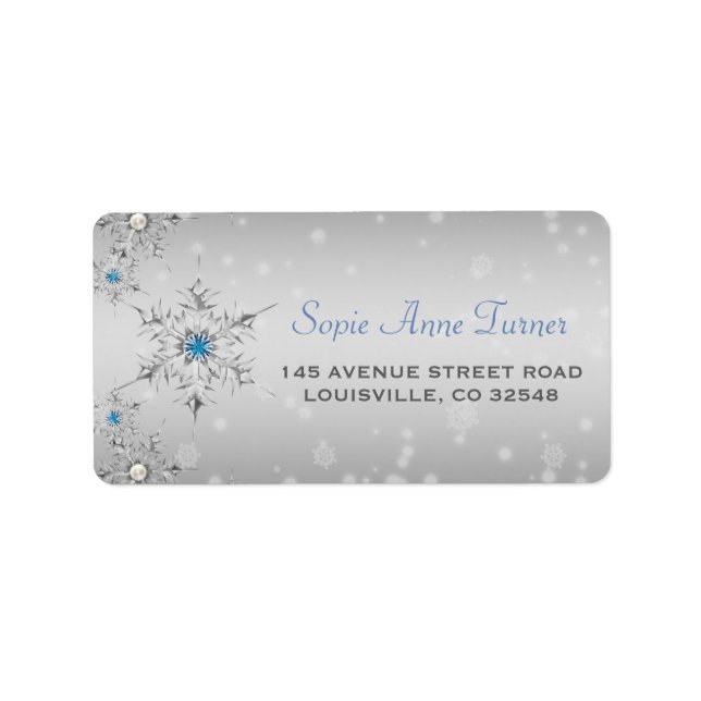 Silver Snowflakes Crystals Silver Pearls Wedding Label (Front)