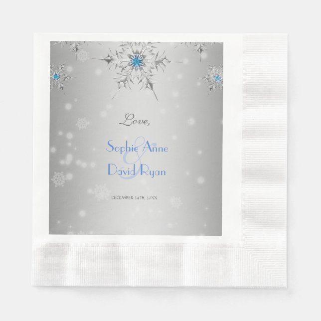 Silver Snowflakes Crystals Silver Pearls Wedding Napkin (Front)