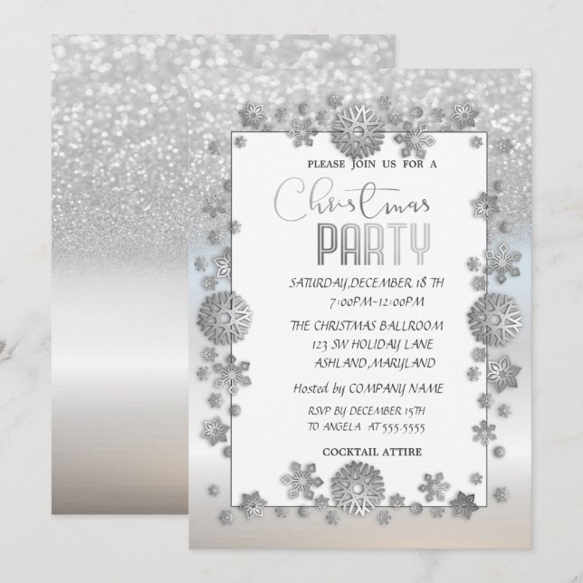 Silver Snowflakes Glitter  Company Christmas Party Invitation (Front/Back)