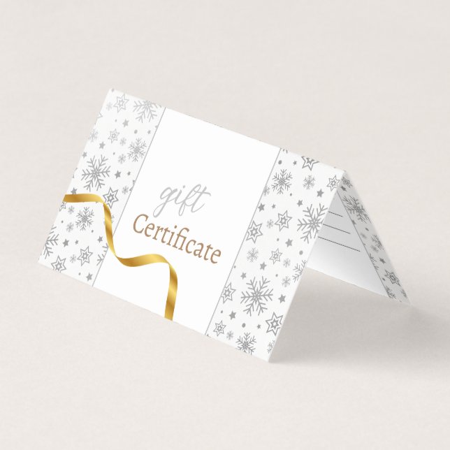 Silver Snowflakes Modern Gold Ribbon Gift Card (Front)