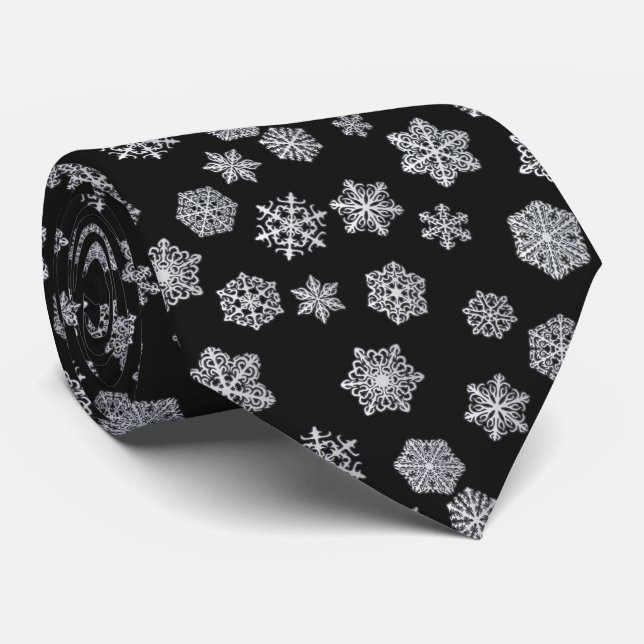 Silver snowflakes on a black background tie (Rolled)