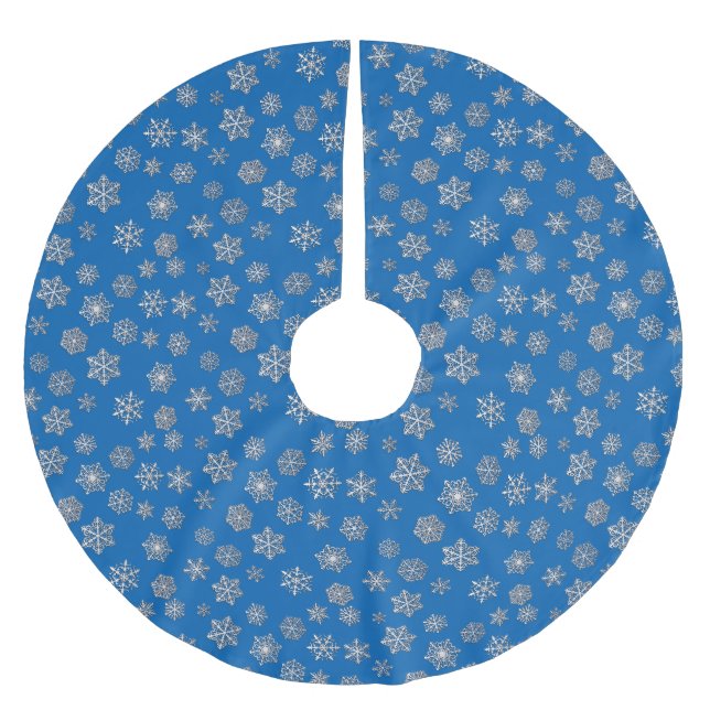 Silver snowflakes on a cobalt blue background brushed polyester tree skirt (Front)