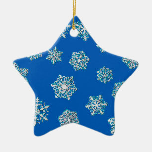 Silver snowflakes on a cobalt blue background ceramic tree decoration