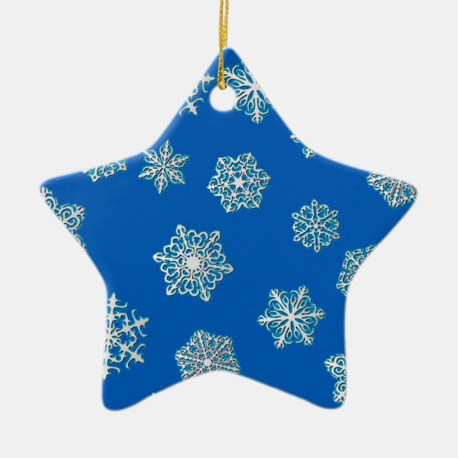 Silver snowflakes on a cobalt blue background ceramic tree decoration (Front)