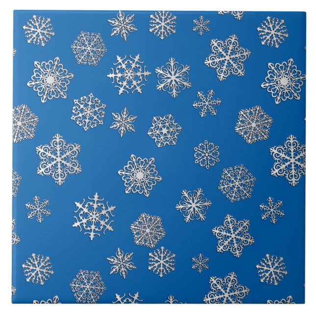 Silver snowflakes on a cobalt blue background tile (Front)