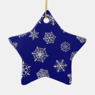 Silver snowflakes on a dark blue background ceramic tree decoration