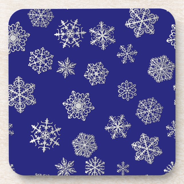 Silver snowflakes on a dark blue background coaster (Front)