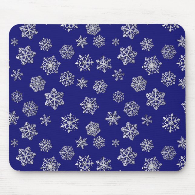 Silver snowflakes on a dark blue background mouse mat (Front)