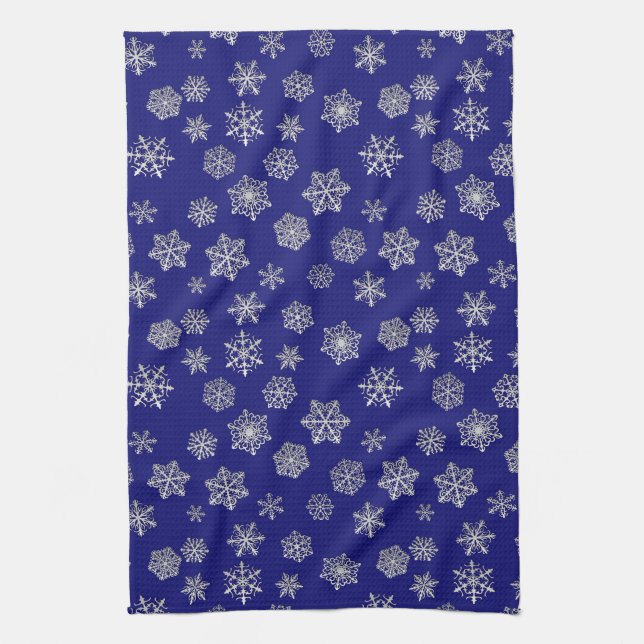 Silver snowflakes on a dark blue background tea towel (Vertical)