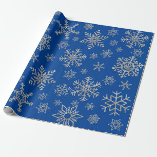 Silver Snowflakes on Blue Christmas Holiday Winter Wrapping Paper