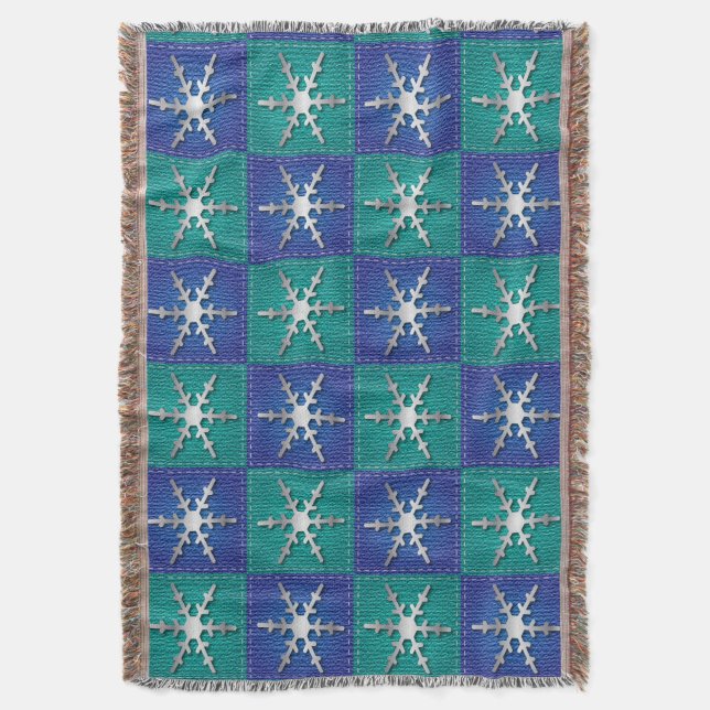 Silver Snowflakes on Blue Squares Throw Blanket (Front Vertical)