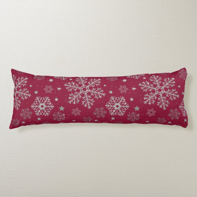 Silver snowflakes on dark red body cushion (Front)
