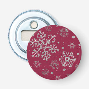 Silver snowflakes on dark red bottle opener