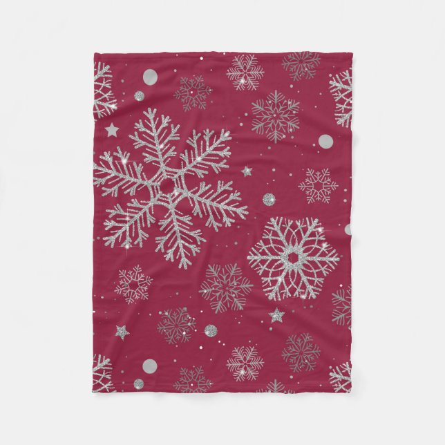 Silver snowflakes on dark red fleece blanket (Front)