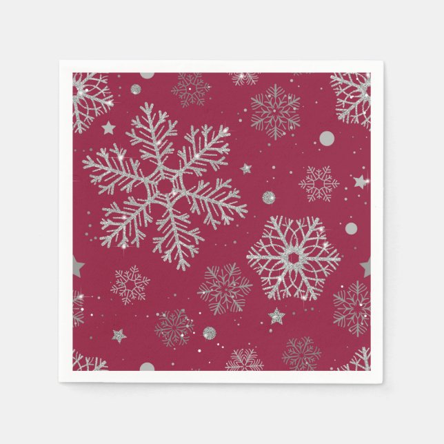 Silver snowflakes on dark red napkin (Front)