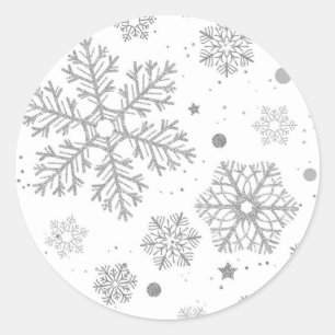 Silver snowflakes on white classic round sticker