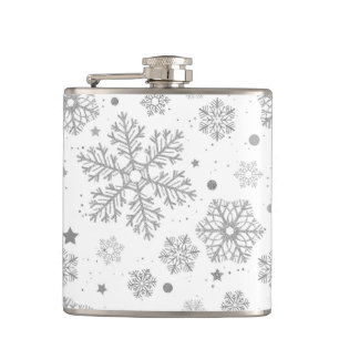 Silver snowflakes on white hip flask