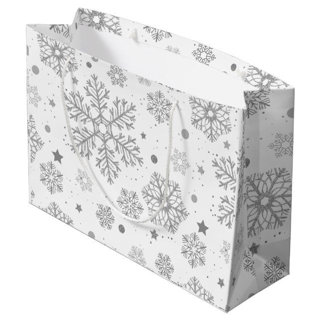 Silver snowflakes on white large gift bag (Back Angled)