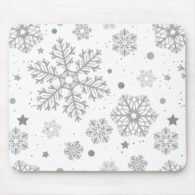 Silver snowflakes on white mouse mat (Front)