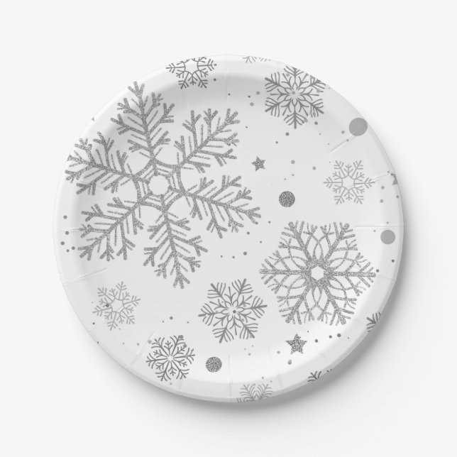 Silver snowflakes on white paper plate (Front)