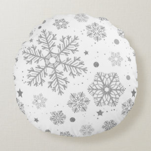 Silver snowflakes on white round cushion