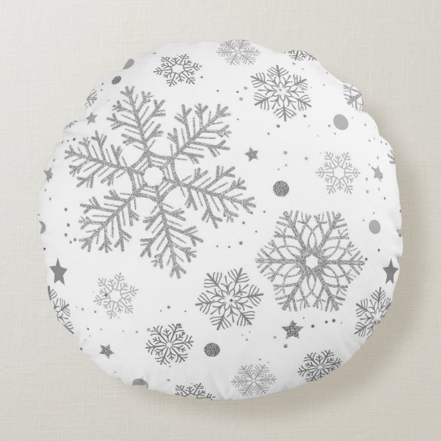 Silver snowflakes on white round cushion (Front)