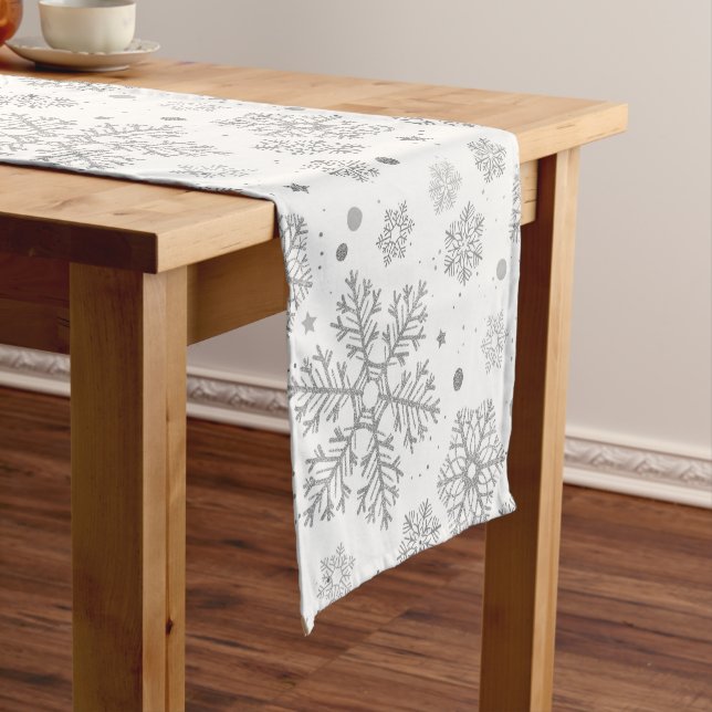 Silver snowflakes on white short table runner (In Situ)