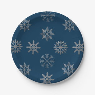 Silver Snowflakes Pattern Blue Paper Plate