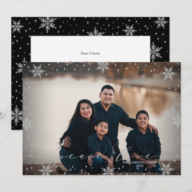 Silver Snowflakes | Peace & Love Photo Christmas Card (Front/Back)