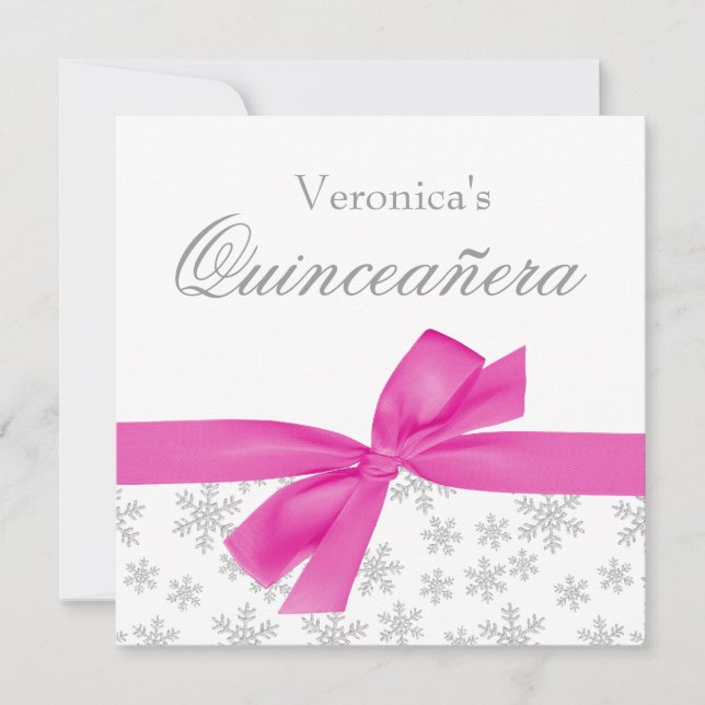 Silver Snowflakes Pink Bow Quinceanera Invitations (Front)