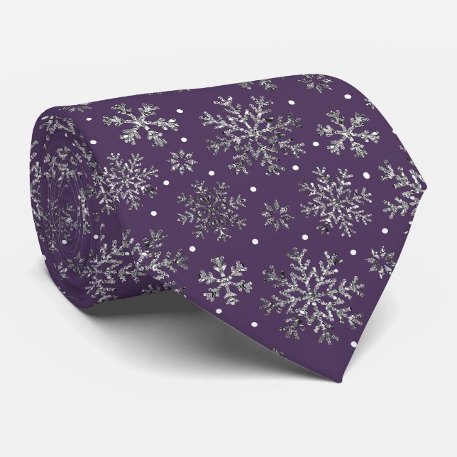 Silver Snowflakes Purple Pattern Tie (Rolled)