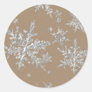 Silver Snowflakes Rustic Kraft Brown Classic Round Sticker