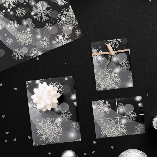 Silver Snowflakes Sparkles And Lights On Black Wrapping Paper Sheet (Creator Uploaded)