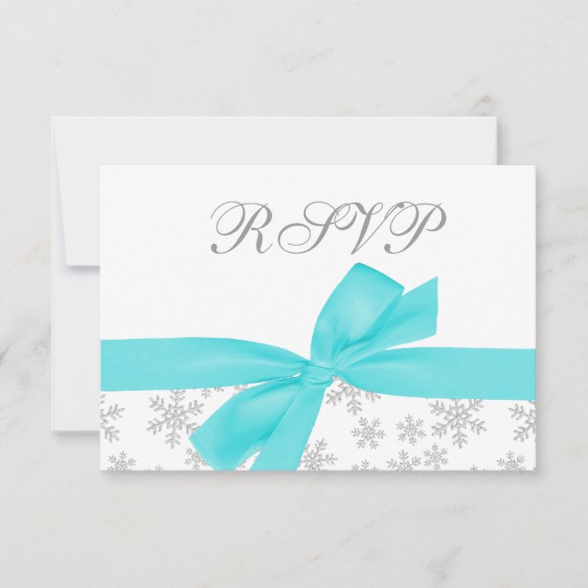 Silver Snowflakes Teal Bow RSVP Card (Front)