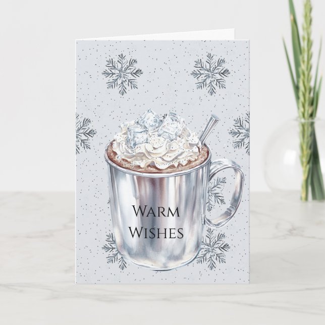 Silver Snowflakes Warm Wishes Cocoa Christmas   Card (Front)