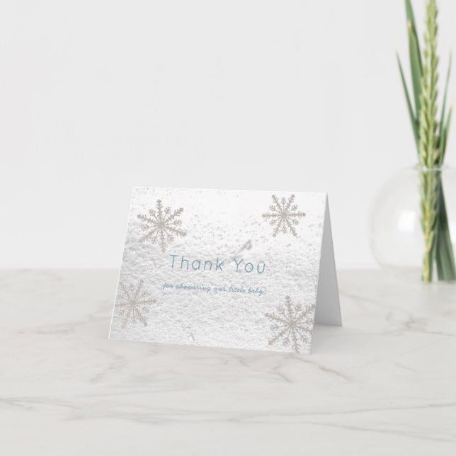 Silver Snowflakes White Snow Baby Shower Blue Thank You Card (Front)