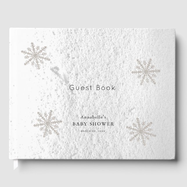 Silver Snowflakes White Snow Baby Shower Guest Book (Front)