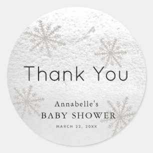 Silver Snowflakes White Snow Baby Shower Thank You Classic Round Sticker