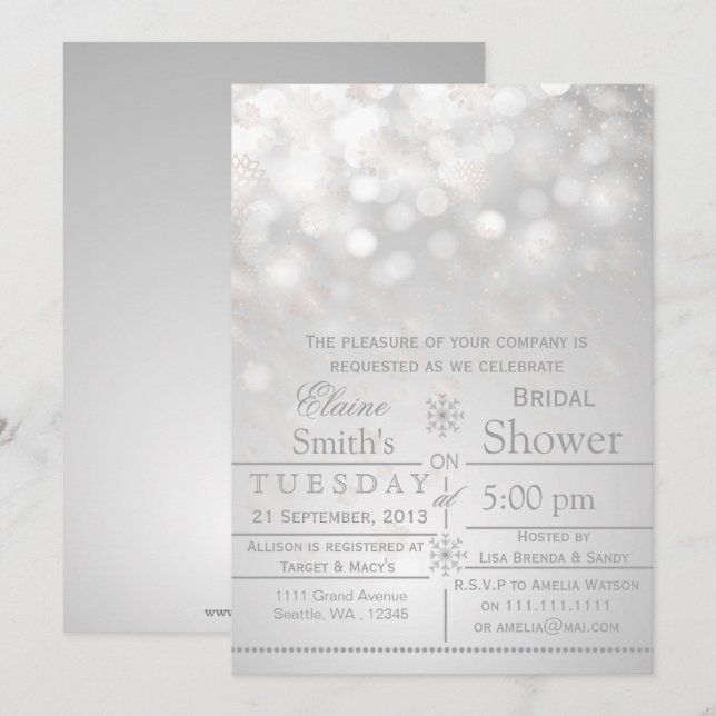 silver snowflakes Winter Bridal shower Invite (Front/Back)