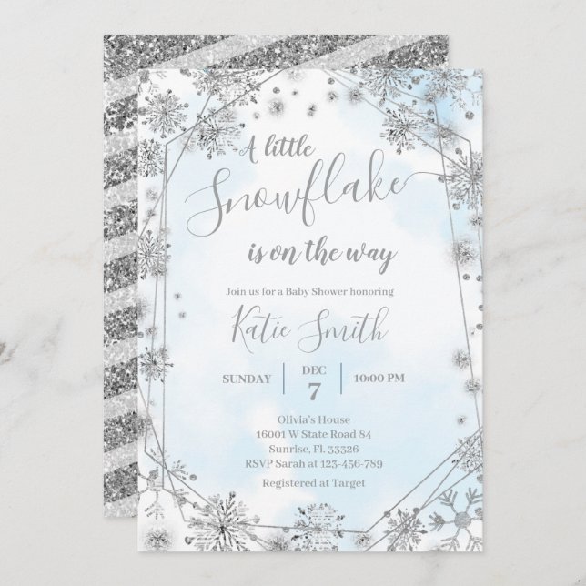 Silver Snowflakes Winter On The Way Baby Shower  I Invitation (Front/Back)