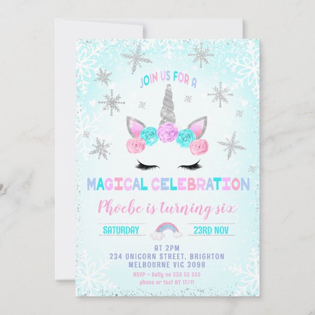 Silver Snowflakes Winter Unicorn Face Birthday Invitation (Front)